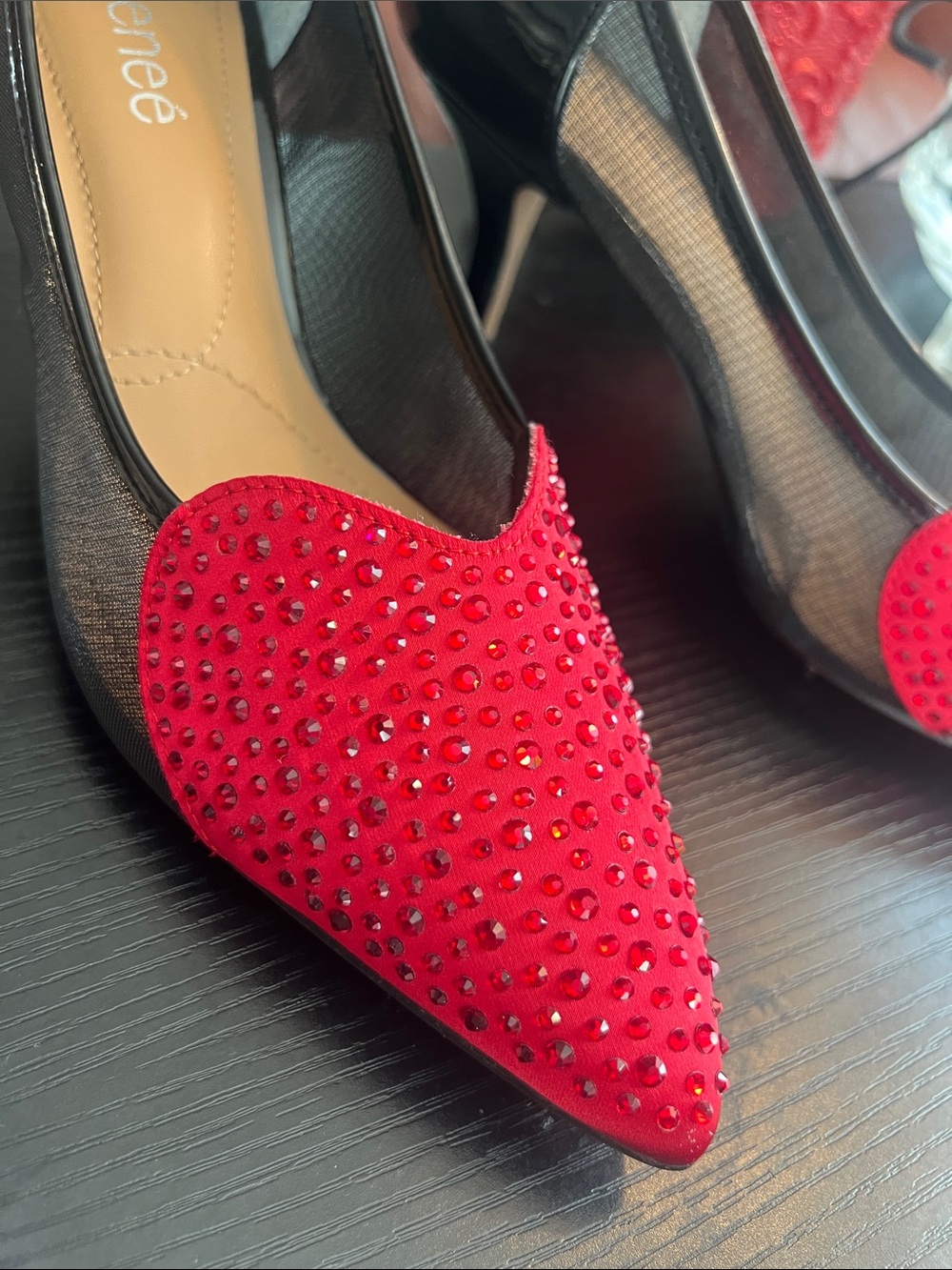 J. Renee Coopid Red Crystal Heart Black Patent Mesh Heels Size 8.5